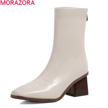 MORAZORA 2021 Stor størrelse 33-43 kvinder støvler efterår vinter ankle støvler tyk høje hæle firkantet tå damer sko rice hvid