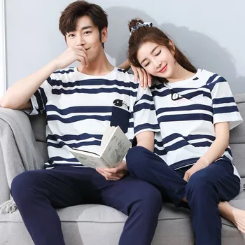 Par Bomuld Kortærmet Lange Bukser, Pyjamas Sæt Kvinder Sommeren Koreanske Casual Stribet Nattøj Homewear Pijama Mujer Mænd Tøj