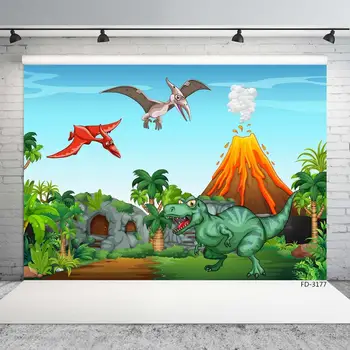 Tegnefilm Vulkan Jurassic Dinosaur Fotografering Baggrund Vinyl Klud Baggrunde for Chirdren Baby Brusebad Photoshoot Glad Foto