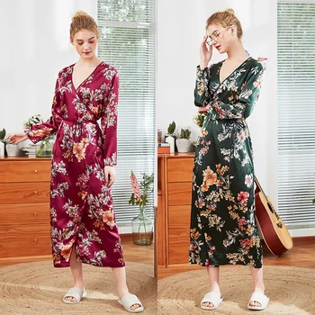 Kvinder Silke Sexet Satin Kimono Morgenkåbe Midten Kalv Længde Brudepige Blomster Badekåbe Brud slåbrok til Bryllup Nattøj
