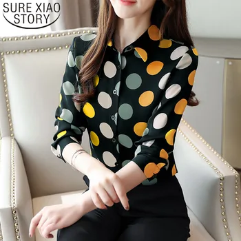 2021 Nye koreanske Løs Kvindelige Blouse Polka Dot Printet Skjorte Kvindelige Enkel, Blød Langærmet Chiffon Skjorte med Seler 7187