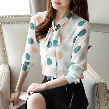 2021 Nye koreanske Løs Kvindelige Blouse Polka Dot Printet Skjorte Kvindelige Enkel, Blød Langærmet Chiffon Skjorte med Seler 7187