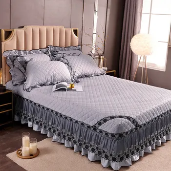Korean Lace Sengetæppe i Bomuld Konge Dronning Quiltet sengetæppe Elastisk Bedskirt Fuld Twin Non-slip støvtæt Lagen 3 pc ' er