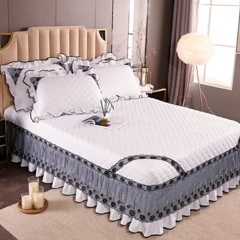 Korean Lace Sengetæppe i Bomuld Konge Dronning Quiltet sengetæppe Elastisk Bedskirt Fuld Twin Non-slip støvtæt Lagen 3 pc ' er
