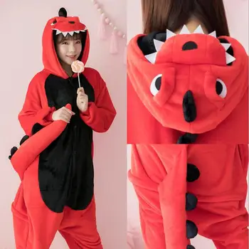 Kvinde Dinosaur Kigurumi Onesies Kostumer Voksne børn Hætteklædte dyr tegnefilm pyjamas, rød Dinosaur hjem elskere lange ærmer Jumpsuits 22261