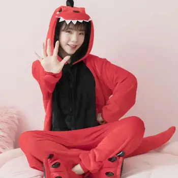 Kvinde Dinosaur Kigurumi Onesies Kostumer Voksne børn Hætteklædte dyr tegnefilm pyjamas, rød Dinosaur hjem elskere lange ærmer Jumpsuits
