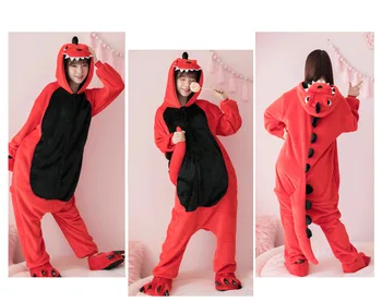 Kvinde Dinosaur Kigurumi Onesies Kostumer Voksne børn Hætteklædte dyr tegnefilm pyjamas, rød Dinosaur hjem elskere lange ærmer Jumpsuits