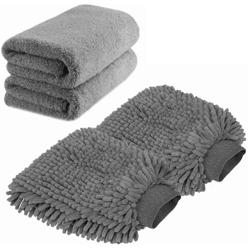 Stor Størrelse bilvask Mitt - Premium Microfiber Chenille Vaske Handske og Microfiber Håndklæder - Fnugfri - Ridser (2X Håndklæder +