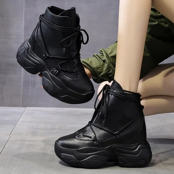 2020 Vinter Kilehæls sko Til Kvinder Ankel Støvler Chunky Platform Støvler Fashion Brand Kvinders 9cm Høje Hæle Støvler i Læder Kvinde