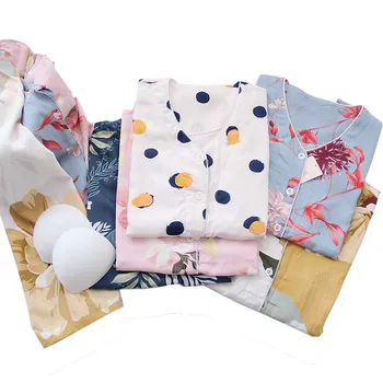 Sommeren Nye Ladies V-Neck Cardigan+Bukser, Pyjamas Sæt Trykt Blomstret til Kvinder Comfrot Nattøj Bløde Tynde Homewear Med Bryst pad