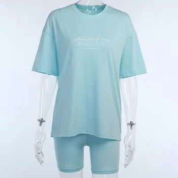 Brev Print Basic T-Shirt, Shorts To delt Sæt Kvinder 2020 Sommeren Afslappet Tøj, Street Passer FYFLY195