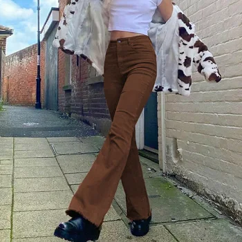 Mode Skinny Jeans 2021 England Style Kvinders Bukser Retro Brun Høj Talje Strakt Flare Pants Fuld Længde Denim Bukser