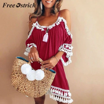 Gratis Struds 2019 Kvinder, Off Skulder Kjole Kvast Korte Cocktail Party Beach Kjoler Sundress Mode Etnisk Stil Silke Kjole