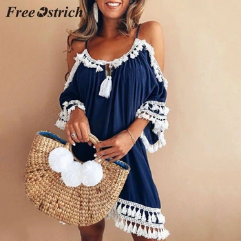 Gratis Struds 2019 Kvinder, Off Skulder Kjole Kvast Korte Cocktail Party Beach Kjoler Sundress Mode Etnisk Stil Silke Kjole