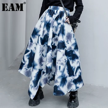 [EAM] Tie Dye Uregelmæssige Splejset Lang Temperament Høj Talje Halve krop Nederdel Kvinder Mode Tidevand Forår og Efterår 2021 1DD2663