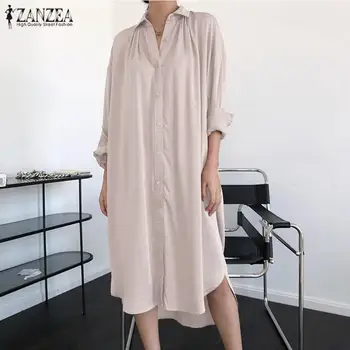 ZANZEA Elegante Efteråret Shirt Kjole Kvinders Knappen Sundress Afslappet langærmet Asymmetrisk Vestidos Kvindelige Solid Robe Overdimensioneret