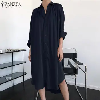 ZANZEA Elegante Efteråret Shirt Kjole Kvinders Knappen Sundress Afslappet langærmet Asymmetrisk Vestidos Kvindelige Solid Robe Overdimensioneret