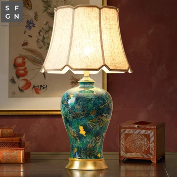 Kobber bordlampe Amerikansk stil til stuen Jingdezhen keramisk lampe luksus Soveværelse sengelampe indrettet led-lamper