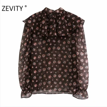 Zevity Nye kvinder vintage puff ærmer blomster print casual bluse med smock kontor dame smarte sløjfe bundet krave flæser shirt, toppe LS7140
