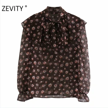 Zevity Nye kvinder vintage puff ærmer blomster print casual bluse med smock kontor dame smarte sløjfe bundet krave flæser shirt, toppe LS7140