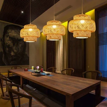 Loft lysekrone hjem Led chandelierHandmade Bambus Lampeskærm Vedhæng Loft Restaurant Midtergangen lampeskærme Væver Hængende Lys