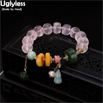 Uglyless Ægte Natur Rav Perler Armbånd til Kvinder Pink Krystaller Fine Smykker Perle Charms Armbånd Emerald Heart Armbånd