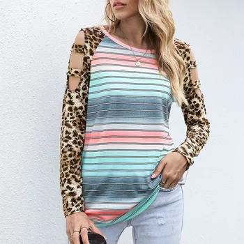 Kvinders Mode Afslappet Leopard Stribe Rund Hals Lange Ærme Løs T-Shirt, Toppe