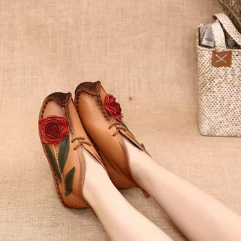Kvinder sko Nye Retro casual sko foråret efteråret national stil broderet Ægte Læder komfortable Holde varmen Kvinder sko