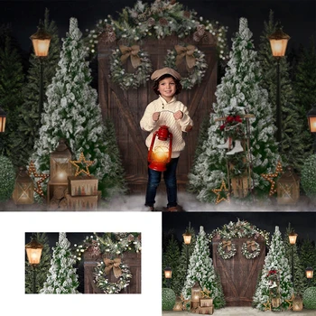 Jul Retro Træ Dør Fotografering Baggrunde Sne Christmas Tree Decor Børn Party Photocall Baggrund Photo Studio