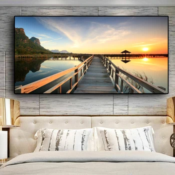 Solnedgange Bro Træ-Søen Landskab Plakater og Print på Lærred Maleri Cuadros Skandinaviske Væg Kunst Billede til stuen
