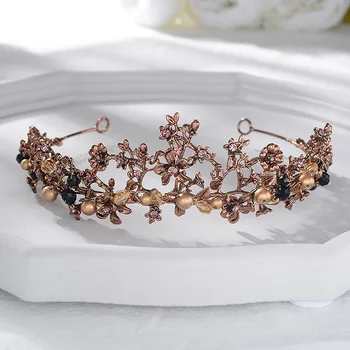 Barok Vintage Lilla Krystal Brude Blomster Tiaras Crown Hoved Stykker Sort Rhinestone Festspil Kroner Bryllup Hår Tilbehør