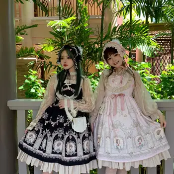 Lolita Princess Dress Kawaii Pige Japanese Tea Party Festival Søde Angel Girl Trykt Bue Flæsekanter Middelalderlige Harajuku Jsk Kjole 26590