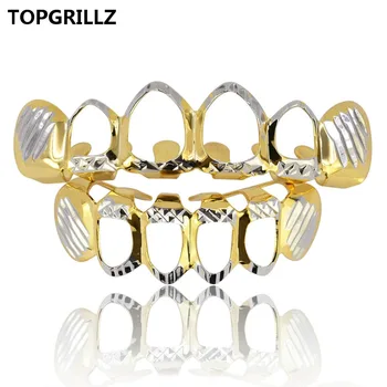 TOPGRILLZ D-Cut Sæt Grillz til det Pure Guld Farve Forgyldt Top & Bund Tænder 4 Open Hip Hop Grill Hule Tand Grill sæt