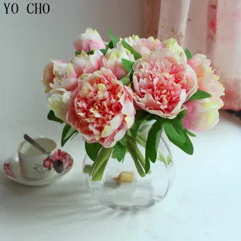 YO CHO Bryllup brude buket kunstige pæon blomster simulering te rose blomster dekorativ blomst rigtige touch-te steg