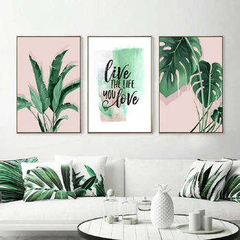 Grønne Tropiske Blade Monstera Blad Palm Banan Live Citat Lærred Maleri Plakat Print Væg Kunst, Billeder, Stue Home Decor