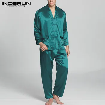 INCERUN Mode Mænd, Pyjamas Sæt Faux Silke Satin ensfarvet V Neck langærmet Knappen Nattøj Bukser Mænd Homewear Sæt S-5XL