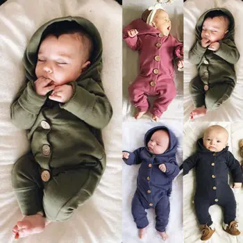 Cute Baby Børn Drenge Piger Spædbarn Hætteklædte Romper Buksedragt Soild Army Grøn med Enkelt-Breasted Tøj Tøj