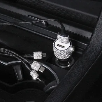 Diamant-besat bil mobiltelefon sikkerhed hammer oplader Dobbelt USB-hurtig opladning diamant bil telefonen aluminium legering bil oplader