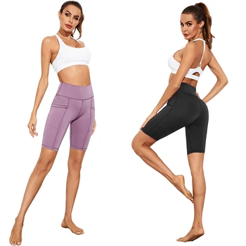 Kvinders Kvindelige Yoga Shorts med Høj Talje, Mave Kontrol Træning Kører Shorts med sidelommer Casual Solid