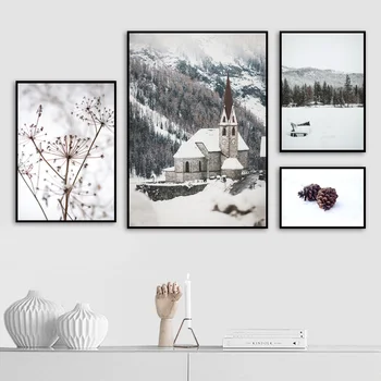 Alperne Snow Mountain Rensdyr Fyrreskov Væg Kunst, Lærred Maleri Nordiske Plakater Og Prints Væg Billeder For At Stue Indretning