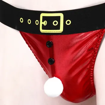 Herre Stropper Undertøj Shiny Metallic Christmas Santa Sexet Undertøj Lav Stigning Bule Pose T-back G-streng Homoseksuelle Mænd Undertøj