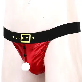 Herre Stropper Undertøj Shiny Metallic Christmas Santa Sexet Undertøj Lav Stigning Bule Pose T-back G-streng Homoseksuelle Mænd Undertøj