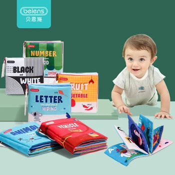 Beiens Baby Bøger 6STK Sort Hvid Klud Bog for Tidlig Pædagogisk Legetøj Blød Stille Book Badekar Toy Børn Læring Montessori