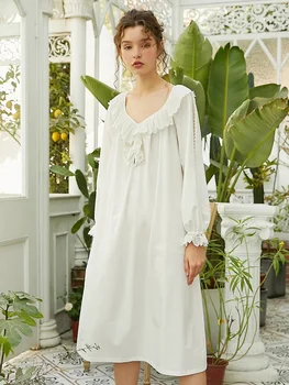 Foråret Efteråret Bomuld Kvinders Lange Nattøj Vintage Royal Princess V-hals Lange Nightgowns Elegante Plus Nat Kjole