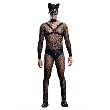 Nye Sexet kat mand kostumer, cosplay outfit se gennem mesh bodysuit eksotiske beklædning kat maske herre night club bære sexede kostumer 29886