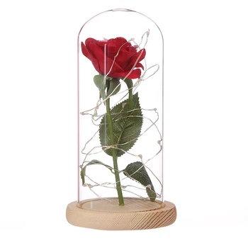 1 Pc Kunstig Rød Rose Blomst LED Belysning til Træ-Base Glas Kuppel Hjem Dekoration