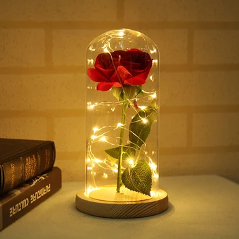 1 Pc Kunstig Rød Rose Blomst LED Belysning til Træ-Base Glas Kuppel Hjem Dekoration