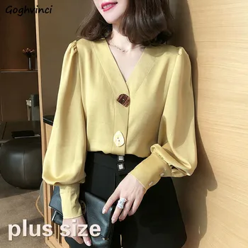 Skjorter Kvinder Solidt Plus Size V-Hals-Knappen Koreansk Stil, Smarte Trendy Mode Fritid Elegant Vintage  Dame 30