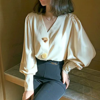 Skjorter Kvinder Solidt Plus Size V-Hals-Knappen Koreansk Stil, Smarte Trendy Mode Fritid Elegant Vintage  Dame