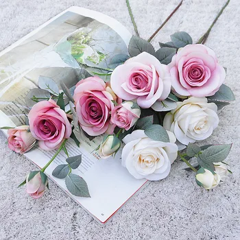 Høj kvalitet, luksus rose gren med blade kunstig silke blomst efteråret rum udsmykning bryllup dekoration flores artificiales
